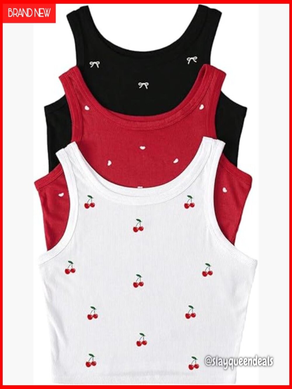 3 Pack Ribbed Crop Tank Tops Sleeveless Crew Neck Embroidery
